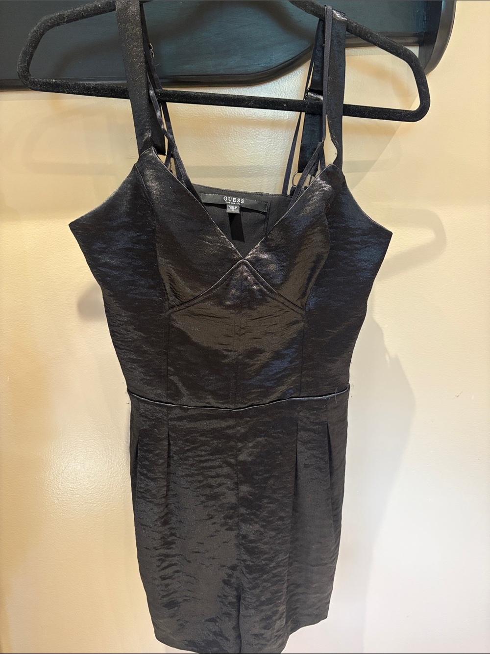 GUESS Black Satin Romper with Strappy Shoulders